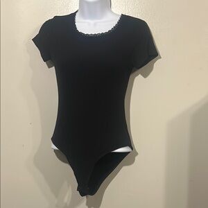 Black Short Sleeve Bodysuit with White Trim